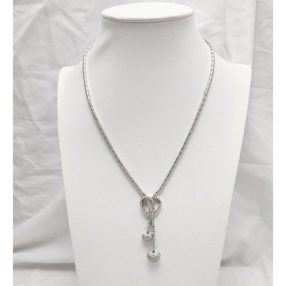 14K Solid White Gold Diamond Double Heart Dangle Link Chain Necklace 16.50" L